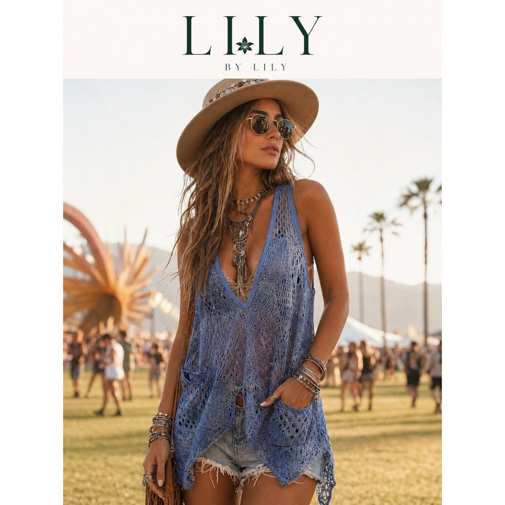 Blue Crochet Lace Sleeveless Vest Boho Coastal Festival Western Sheer Knit Top S